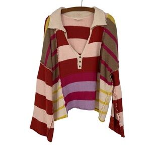 Love Riche Colorful V-Neck Knitted Boho Slouchy Cropped Striped Sweater Large